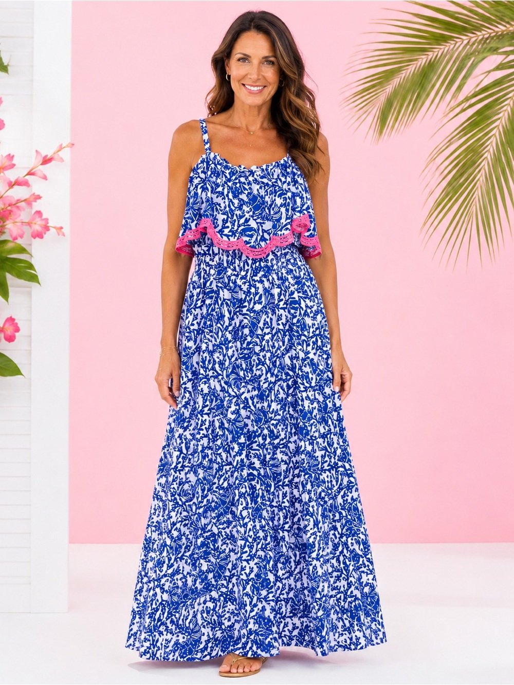 Lilly Pulitzer Adia Maxi Dress Blue Floral Pink Trim Size S